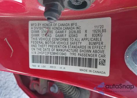 2021 Honda Civic Sport from USA, damaged, VIN 2HGFC2F82MH513943